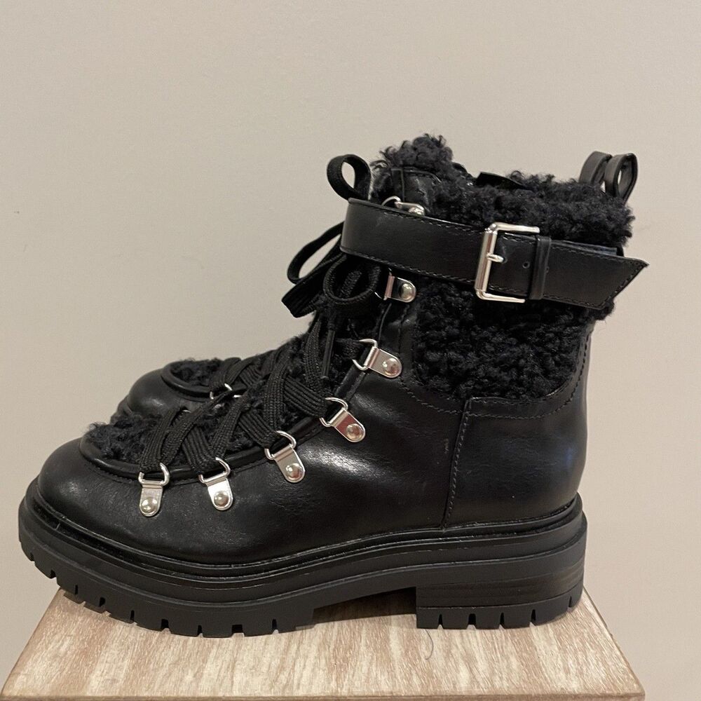 Black Boots Women’s Size 7 Faux Leather Shearling NWOT Biker Moto Goth Combat